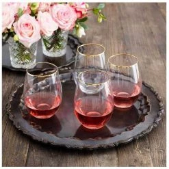 Old Mill Road Gold Rim Stemless Wine Glasses S/4