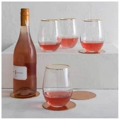 Old Mill Road Gold Rim Stemless Wine Glasses S/4