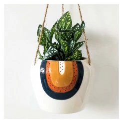 Urban Products VASES & PLANTERS Woodstock Rainbow Dot Hanging Planter - Small Blue/Terracotta