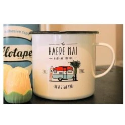 Moana Road Kiwiana Enamel Mug - Haere Mai Camping Ground