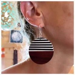 Twigg Round Black & White Stripe Wood Earrings JEWELLERY