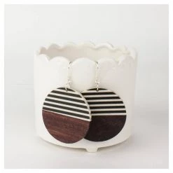 Twigg Round Black & White Stripe Wood Earrings JEWELLERY