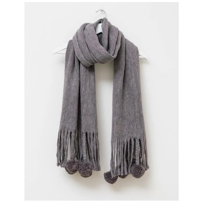 Stella & Gemma Grey Pom Pom Fringe Scarf SCARVES, CLOTHING & FASHION ACCESSORIES