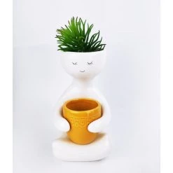 Urban Products VASES & PLANTERS Person Holding Pot Planter - Mustard (20cm)