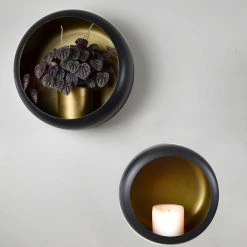 Roam & Loom NEW ARRIVALS Black & Gold Iron Wall Planter / Candle Holder