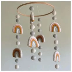 Sheepish Design Kiwiana Hand Made NZ Wool Baby Mobile - Rainbows Mustard/Pink